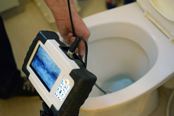 Plumber locating sewer line problem with camera inspection